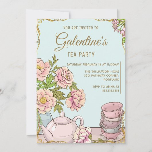 Blue Mint  Floral Galentine's Day Tea Party Kaart (Voorkant)