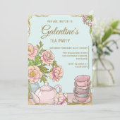 Blue Mint  Floral Galentine's Day Tea Party Kaart (Staand voorkant)