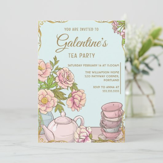 Blue Mint  Floral Galentine's Day Tea Party Kaart (Staand voorkant)