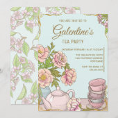 Blue Mint  Floral Galentine's Day Tea Party Kaart (Voorkant / Achterkant)