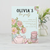 Blue Mint Floral geïllustreerde Tea Party uitnodig Kaart (Staand voorkant)