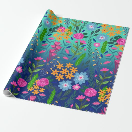 Blue Mint Gradient Garden Flowers  ontwerp Cadeaupapier (Uitgerold)