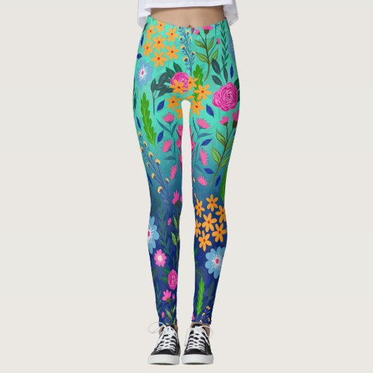 Blue Mint Gradient Garden Flowers  ontwerp Leggings (Voorkant)