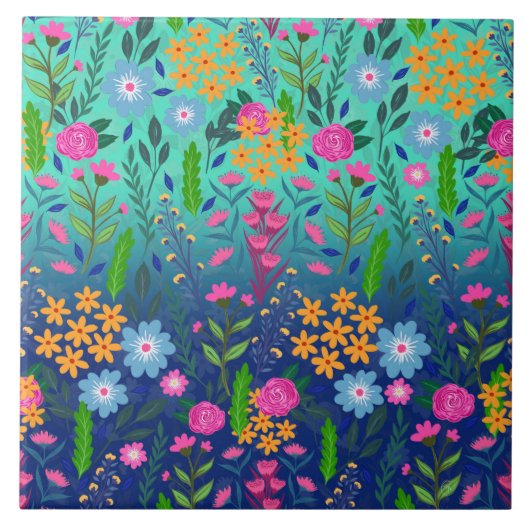 Blue Mint Gradient Garden Flowers  ontwerp Tegeltje (Voorkant)