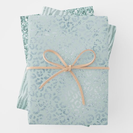 Blue Mint Leopard Print Glitter Inpakpapier Vel (In situ)