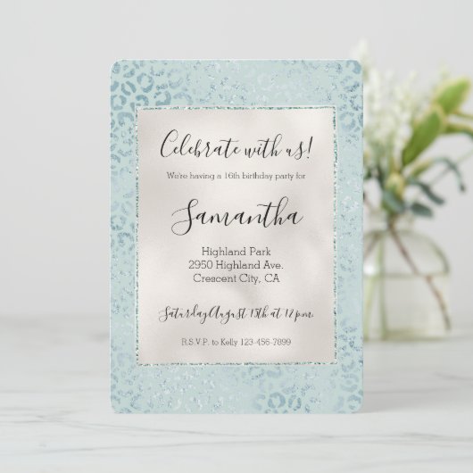 Blue Mint Leopard Print Glitter Kaart (Staand voorkant)