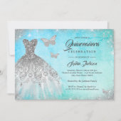 Blue Mint Sparkle Dress Butterfly Quinceanera Invi Kaart (Voorkant)