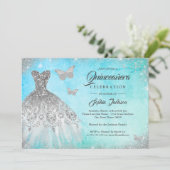 Blue Mint Sparkle Dress Butterfly Quinceanera Invi Kaart (Staand voorkant)