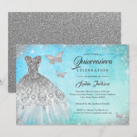 Blue Mint Sparkle Dress Butterfly Quinceanera Invi Kaart (Voorkant / Achterkant)