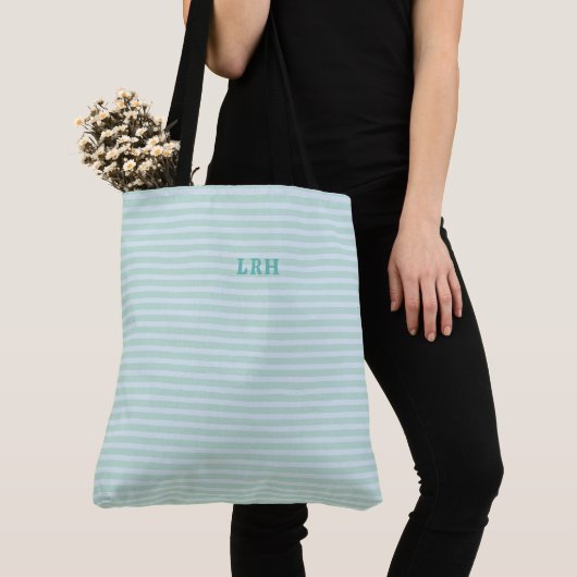 Blue Mint Stripe Classic Monogram Initials Tote Bag (Dichtbij)