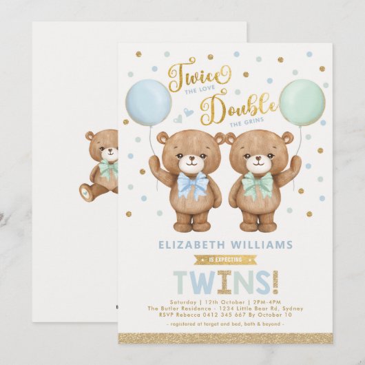 Blue Mint Teddy Bear Balloon Twin Boy Baby shower Kaart (Voorkant / Achterkant)