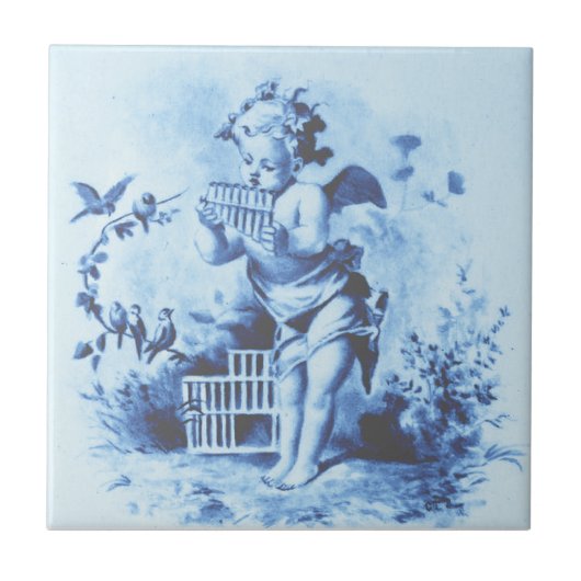 Blue Minton Cherub met Pan Pipes & Birds Repro Tegeltje (Voorkant)