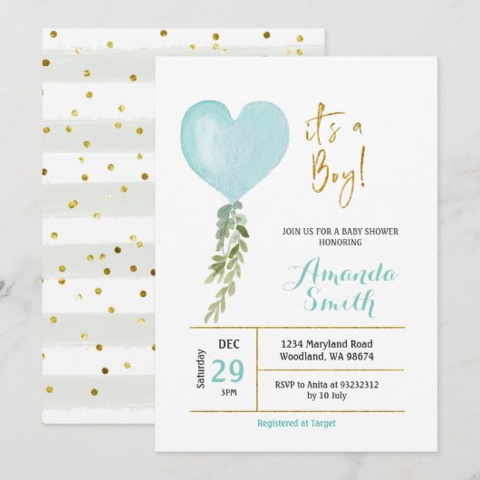 Blue Miny Balloon boy baby shower uitnodiging (Voorkant / Achterkant)