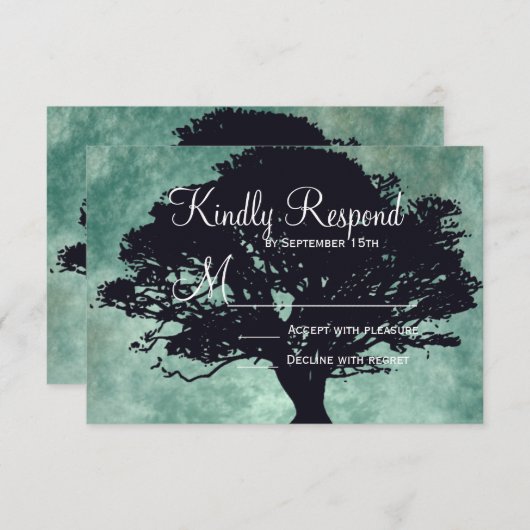 Blue Mist Oak Tree Silhouette Weddenschap RSVP-kaa RSVP Kaartje (Voorkant / Achterkant)