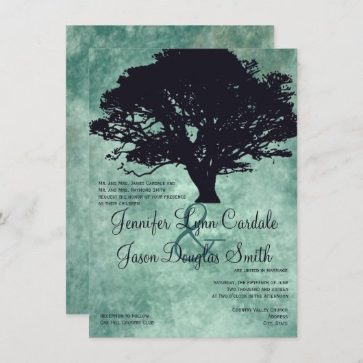 Blue Mist Oak Tree Silhouette Wedding Invitations Kaart (Voorkant / Achterkant)