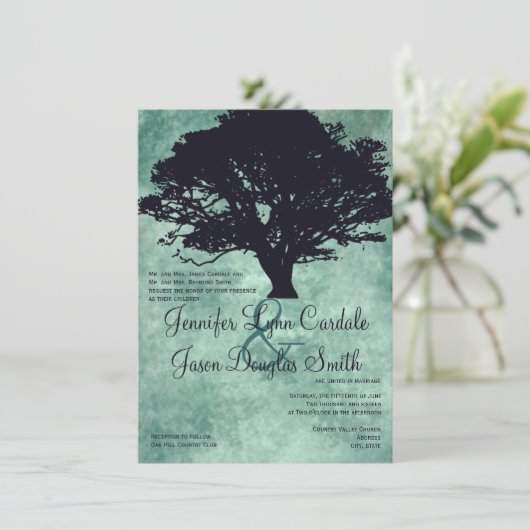 Blue Mist Oak Tree Silhouette Wedding Invitations Kaart (Staand voorkant)