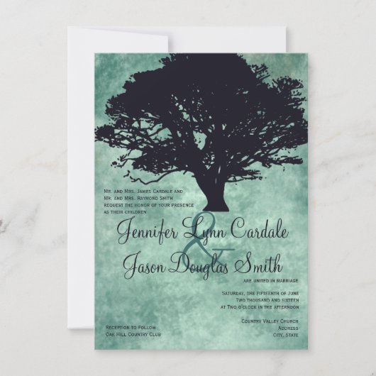 Blue Mist Oak Tree Silhouette Wedding Invitations Kaart (Voorkant)
