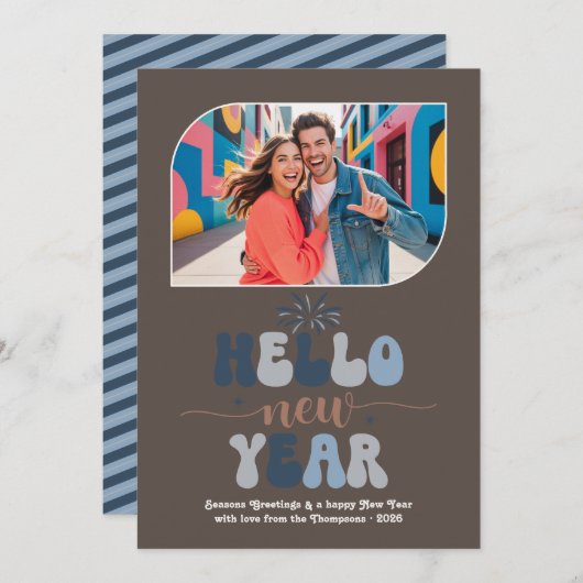 Blue Mocha Hello New Year Blue Retro Photo Feestdagenkaart (Voorkant / Achterkant)