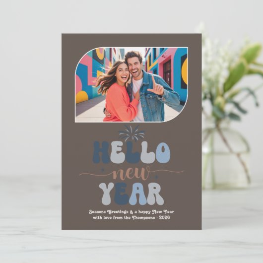Blue Mocha Hello New Year Blue Retro Photo Feestdagenkaart (Staand voorkant)