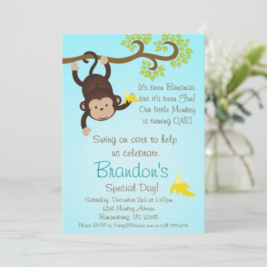 Blue Mod Monkey Boys Birthday Party nodigt uit Kaart (Staand voorkant)