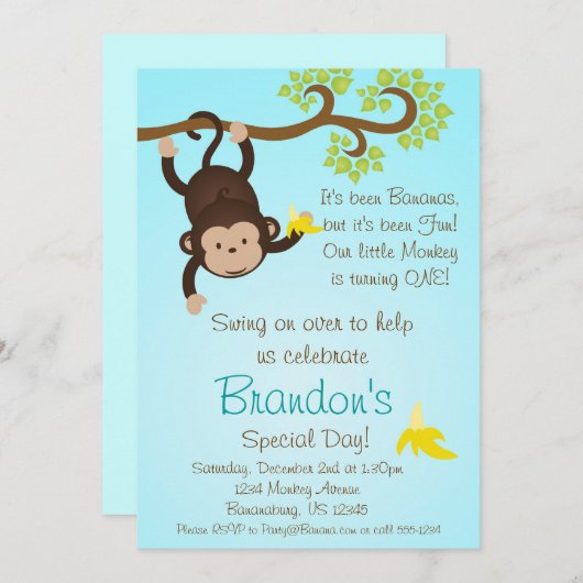 Blue Mod Monkey Boys Birthday Party nodigt uit Kaart (Voorkant / Achterkant)