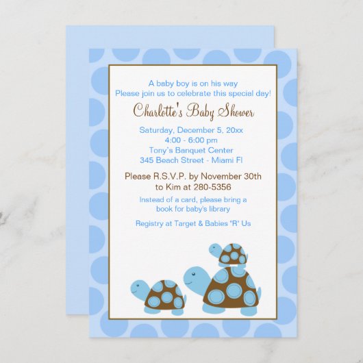 Blue Mod Turtles (Dot) Boy Baby shower Invitation Kaart (Voorkant / Achterkant)