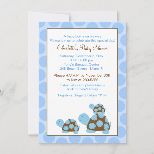 Blue Mod Turtles (Dot) Boy Baby shower Invitation Kaart (Voorkant)