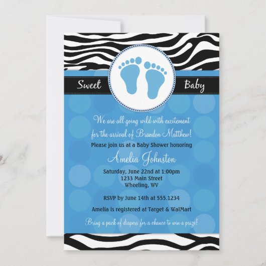 Blue Mod Zebra Print Baby Shower Invitaties Kaart (Voorkant)
