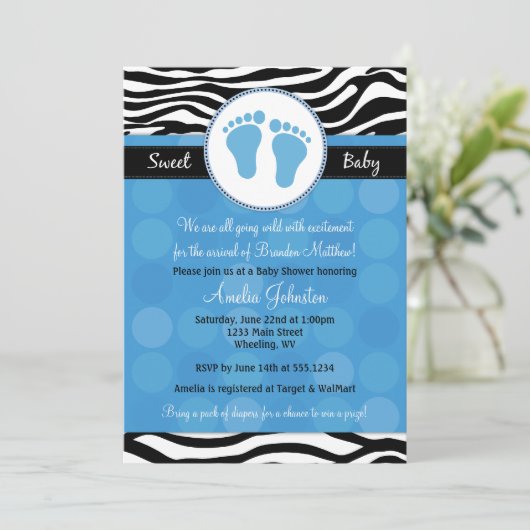 Blue Mod Zebra Print Baby Shower Invitaties Kaart (Staand voorkant)