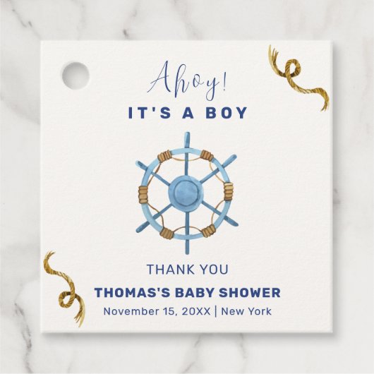 Blue Modern Ahoy Nautical Boy Baby shower Bedankjes Labels (Voorkant)