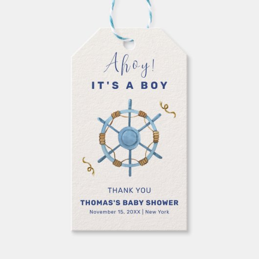 Blue Modern Ahoy Nautical Boy Baby shower Cadeaulabel (Voorkant)