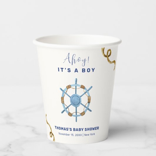 Blue Modern Ahoy Nautical Boy Baby shower Papieren Bekers (Voorkant)