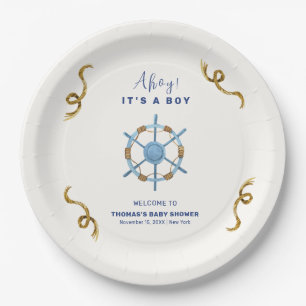 Blue Modern Ahoy Nautical Boy Baby shower Papieren Bordje