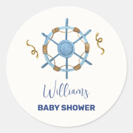 Blue Modern Ahoy Nautical Boy Baby shower Ronde Sticker