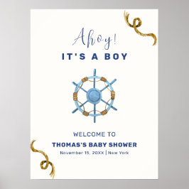 Blue Modern Ahoy Nautical Boy Baby shower Welkom Poster