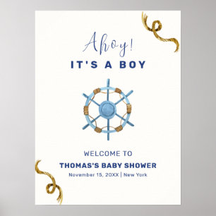 Blue Modern Ahoy Nautical Boy Baby shower Welkom Poster