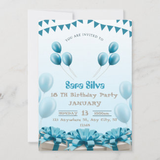 Blue Modern Birthday Invitation Card Kaart