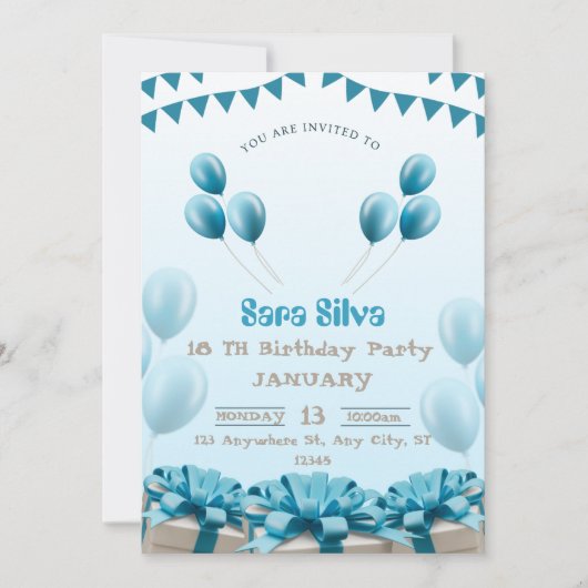 Blue Modern Birthday Invitation Card Kaart (Voorkant)