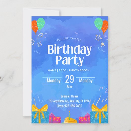 Blue Modern Birthday Invitation Kaart (Voorkant)