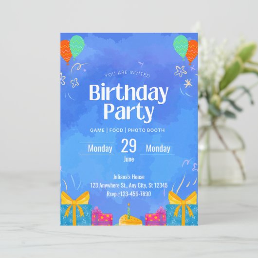 Blue Modern Birthday Invitation Kaart (Staand voorkant)