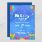 Blue Modern Birthday Invitation Kaart (Voorkant / Achterkant)