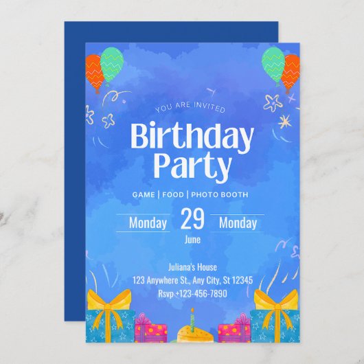 Blue Modern Birthday Invitation Kaart (Voorkant / Achterkant)