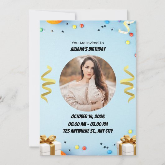 Blue Modern Birthday Party Invitation Kaart (Voorkant)
