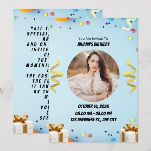 Blue Modern Birthday Party Invitation Kaart (Voorkant / Achterkant)