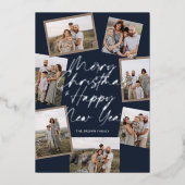 Blue Modern Boho 8 Fotocollage Kerstmis Folie Feestdagenkaart (Voorkant)