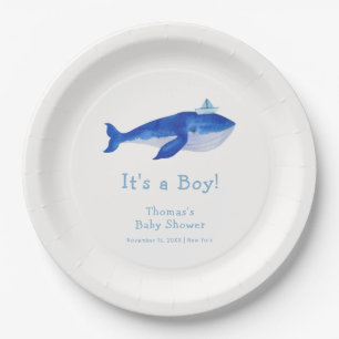 Blue Modern Boy onder het Zee Whale Baby shower Papieren Bordje