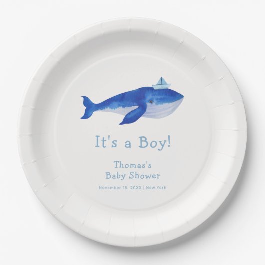 Blue Modern Boy onder het Zee Whale Baby shower Papieren Bordje (Voorkant)