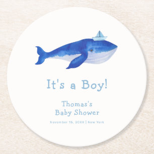 Blue Modern Boy onder het Zee Whale Baby shower Ronde Kartonnen Onderzetter