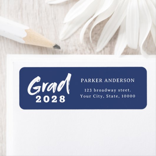 Blue Modern Brush Script Afstuderen Retouradres Etiket (Insitu)