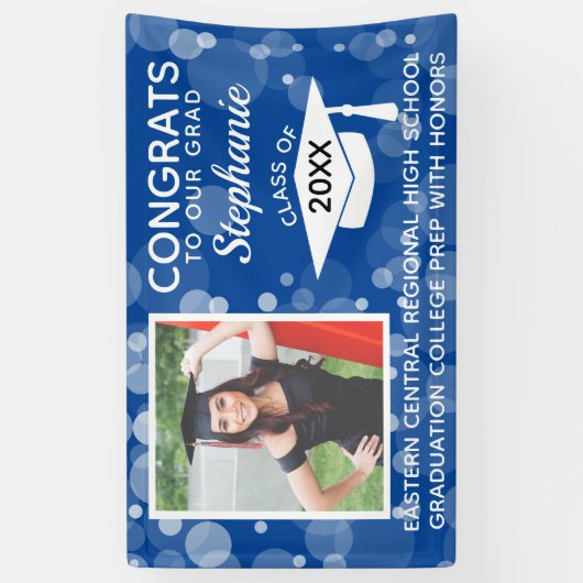 Blue Modern Bubbles Gefeliciteerd Foto Afstuderen  Spandoek (Verticaal)